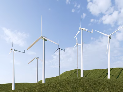 Industrial Wind Turbines Operating On Green Hillside Under Blue Sky With White Clouds 3d model