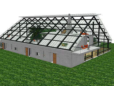 Greenhouse Design With Glass Grid Roof Gray Walls Wooden Doors And Grass 3d model