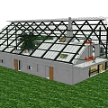 Greenhouse Design With Glass Grid Roof Gray Walls Wooden Doors And Grass