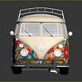 Vintage Volkswagen Van Decorated With Colorful Floral Patterns And Wooden Roof Rack