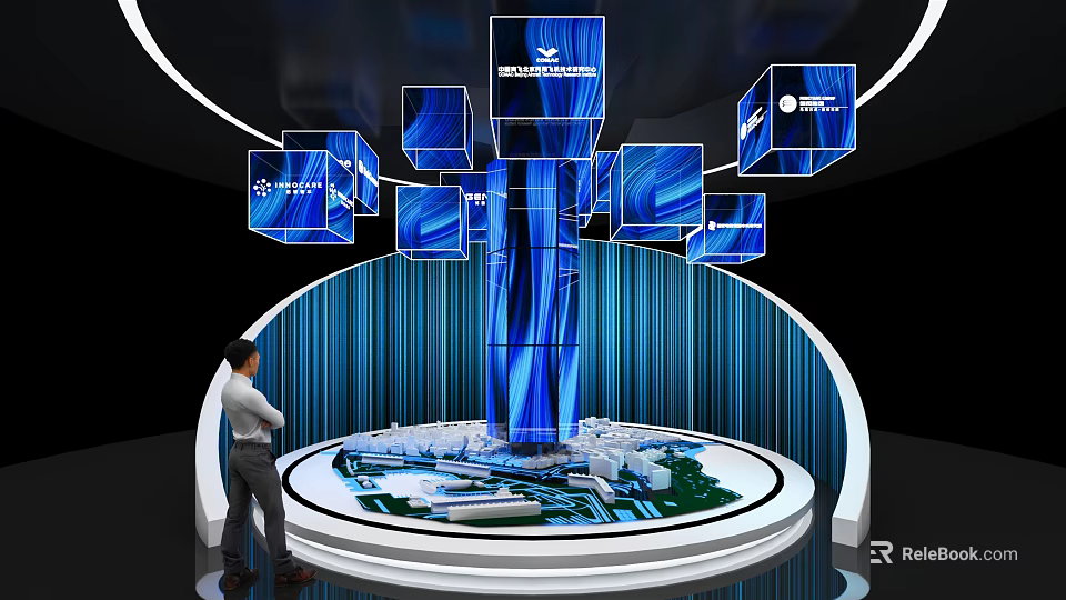 Commercial Equipment Display System Featuring Blue Cube Screens Curved Curtains And Platform 3d model 