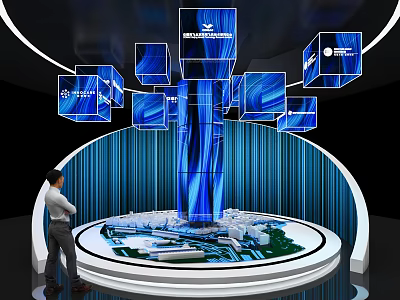 Commercial Equipment Display System Featuring Blue Cube Screens Curved Curtains And Platform 3d model
