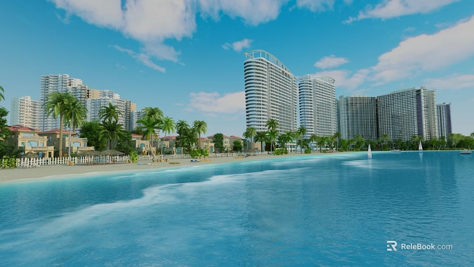 Scenic Garden Landscape With Large Water Pool Palm Trees And High Rise Buildings 3d model 