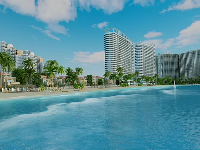 Scenic Garden Landscape With Large Water Pool Palm Trees And High Rise Buildings 3d model