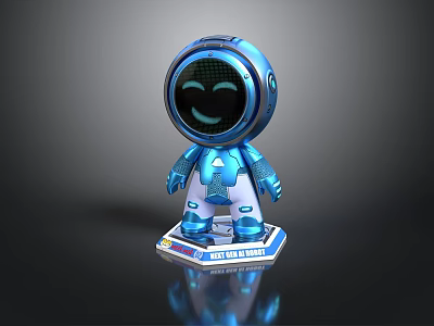 Shiny Blue Astronaut Figurine With Smiling Face And Square Base Displaying The Blue Planet Text 3d model