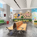 Modern Railway Station Interior With Spacious Waiting Area Blue Railings And Retail Shops