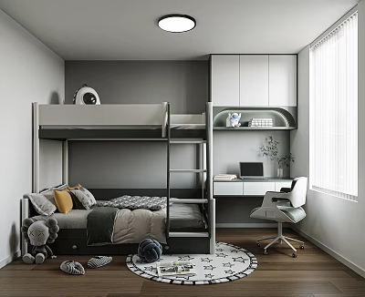 Cozy Kids Room Interior With Bunk Bed Desk Chair Toys Round Rug And Cabinets 3d model