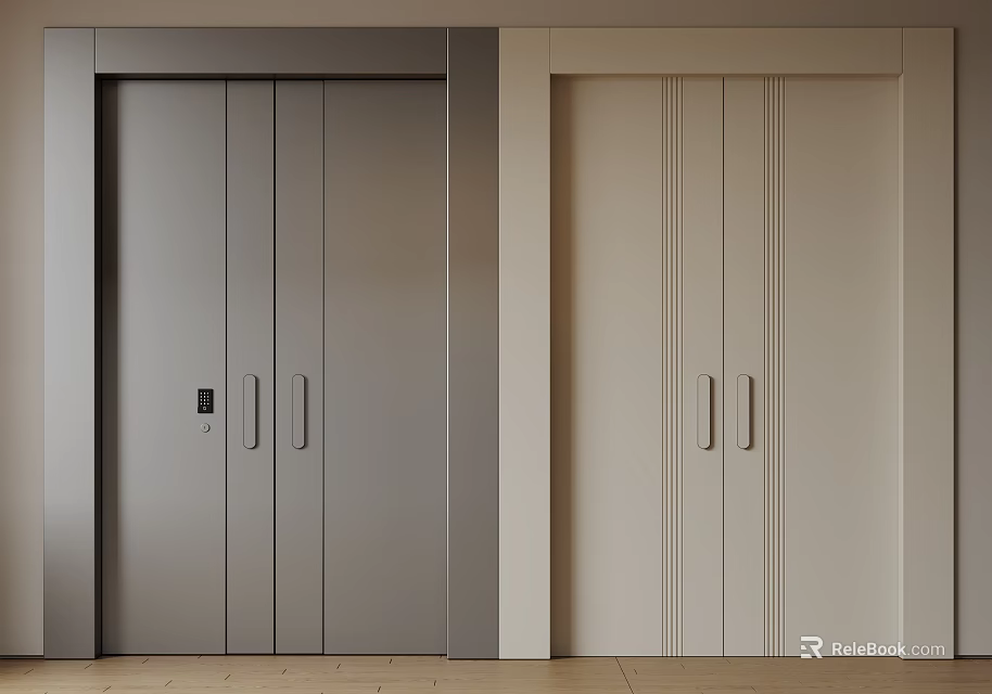Modern Double Doors In Gray And Beige With Sleek Frames And Long Handles 3d model 