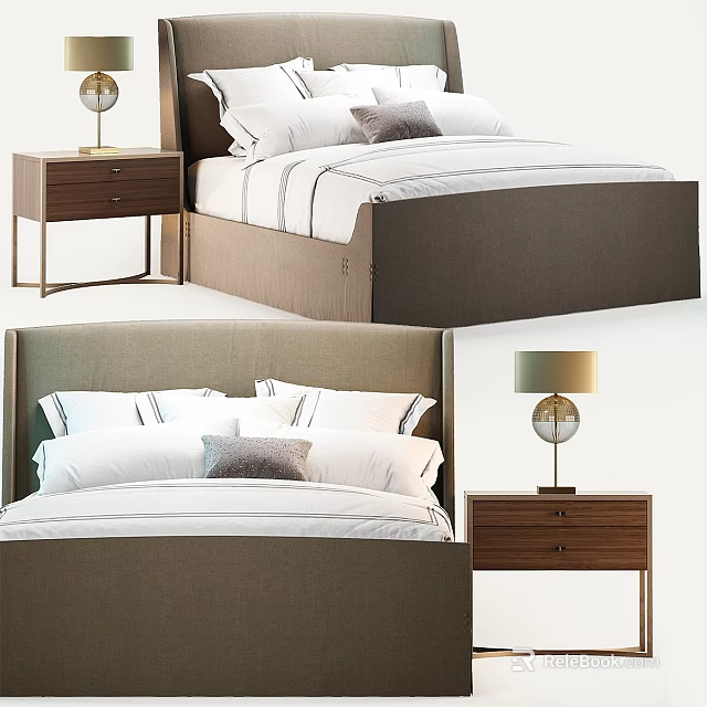 Modern Upholstered Double Bed With Bedside Table Table Lamp And Pillows 3d model