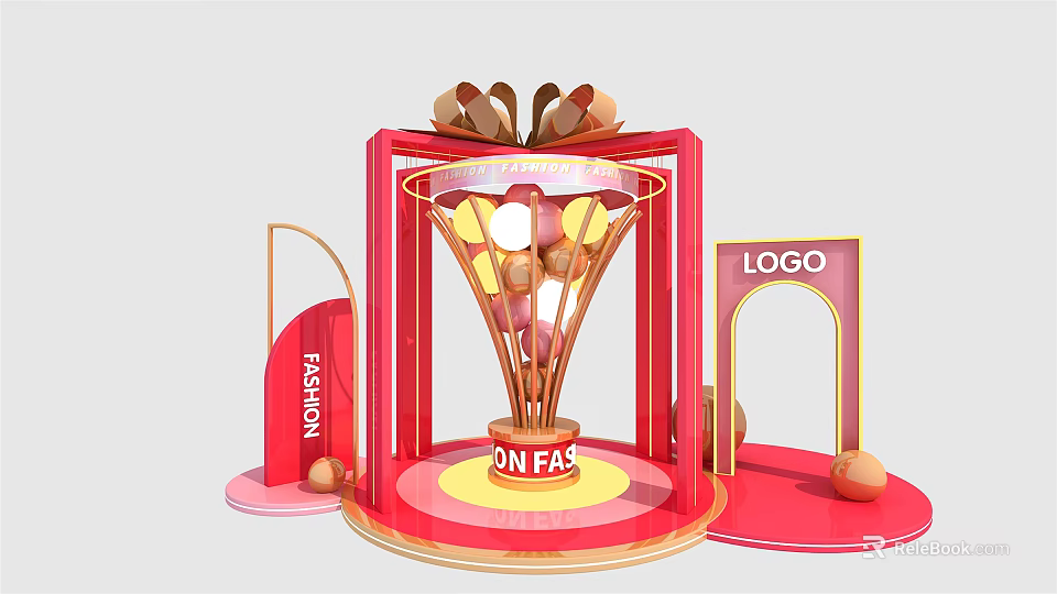 Red And Gold Fashion Display Installation With Cone Shaped Structure And Round Decorations 3d model 