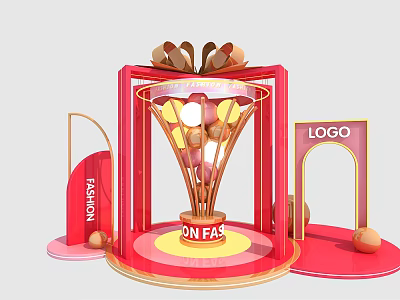 Red And Gold Fashion Display Installation With Cone Shaped Structure And Round Decorations 3d model