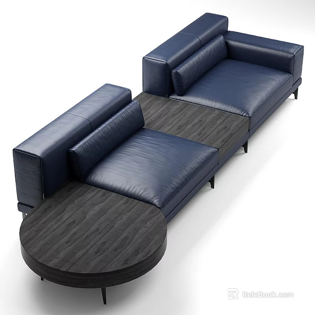Modern Blue Leather Sofa Set With Wooden Center Table And Seating 3d model