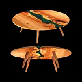 Wooden Dining Tables With Green Resin Inlay Round Shape And Thin Wooden Legs
