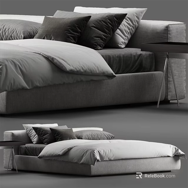 Modern Double Bed With Soft Linen Sheets Decorative Pillows And Bedside Table 3d model 