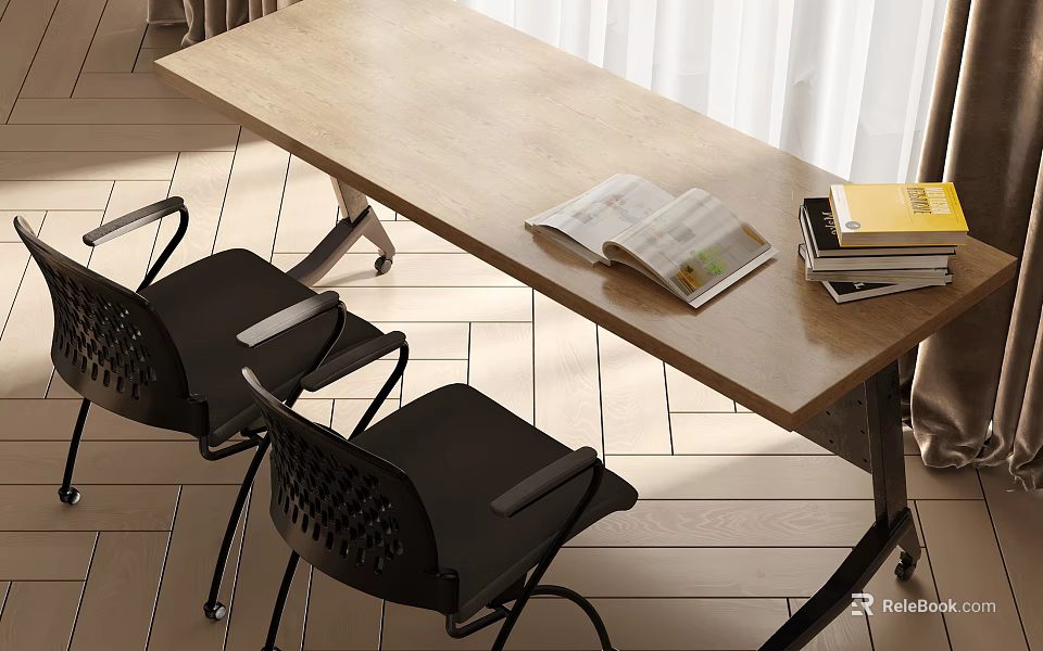 Wooden Desk With Open Book Stack Of Books And Black Chairs In Bright Room 3d model 