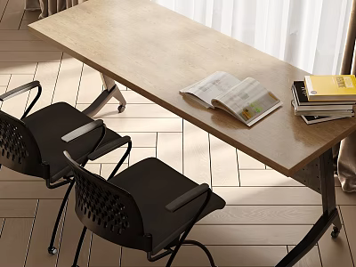 Wooden Desk With Open Book Stack Of Books And Black Chairs In Bright Room 3d model