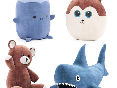 Adorable Plush Toys With Various Shapes Including Blue Square Brown Bear And Shark Designs 3d model