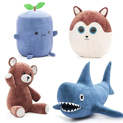 Adorable Plush Toys With Various Shapes Including Blue Square Brown Bear And Shark Designs 3d model