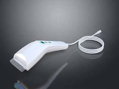 White Device With Flat Head Green Display Screen And Coiled Cable On Black Reflective Surface 3d model