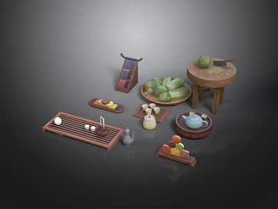 Traditional Chinese Tea Ceremony Setup With Wooden Tray Teapot Fruits And Vegetables 3d model