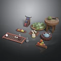 Traditional Chinese Tea Ceremony Setup With Wooden Tray Teapot Fruits And Vegetables