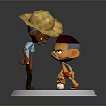 Cartoon Characters With Straw Hat And Small Figure Standing On White Base