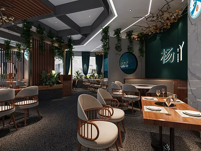 Modern Restaurant Interior Design With Wooden Decor Hanging Plants And Green Accent Wall 3d model