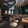 Modern Restaurant Interior Design With Wooden Decor Hanging Plants And Green Accent Wall