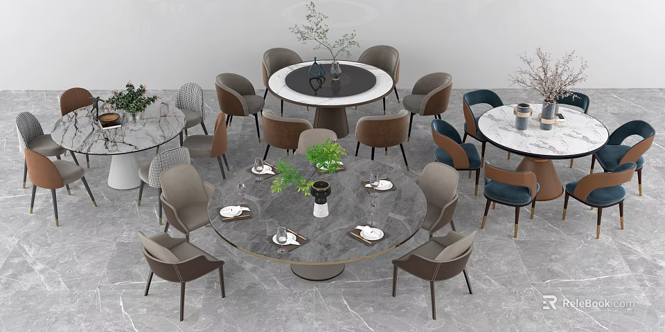 Modern Round Dining Table Set with Marble Tabletop Multiple Chairs and Green Plants 3d model