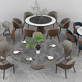Modern Round Dining Table Set with Marble Tabletop Multiple Chairs and Green Plants 3d model