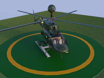 Green Helicopter Parked On Green Landing Pad With Yellow Circular Markings And Rotors 3d model