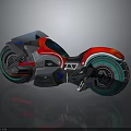 Futuristic Blue and Red Motorcycle with Sleek Design and Transparent Glowing Wheels