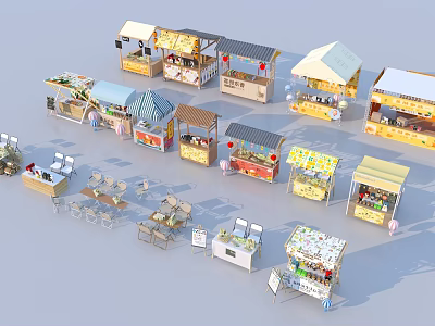 Colorful Outdoor Market Stalls With Various Vendor Booths Canopies And Display Shelves 3d model