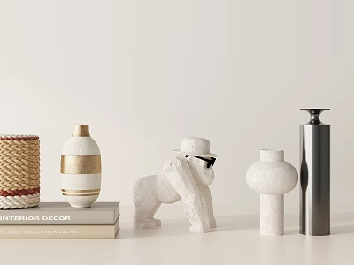 Modern Minimalist Ornament Decor Set Featuring Woven Basket White Gold Vase Animal Figure Hat Sunglasses Dome Metallic Bottle 3d model