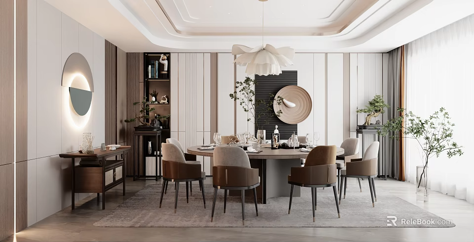 Elegant Modern Private Dining Room Interior With Round Table And Chairs 3d model