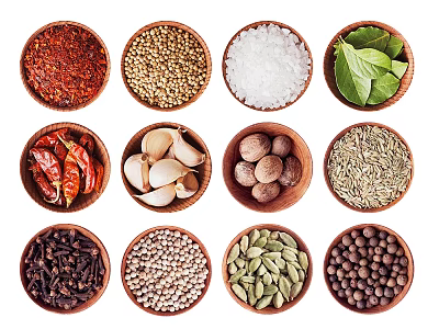 Assorted Spice Containers With Various Spices In Wooden Bowls For Cooking Preparation 3d model