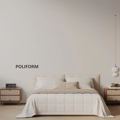 Minimalist Double Bed With Beige Bedding Wooden Nightstands And White Pendant Lamp In Poliform Bedroom 3d model