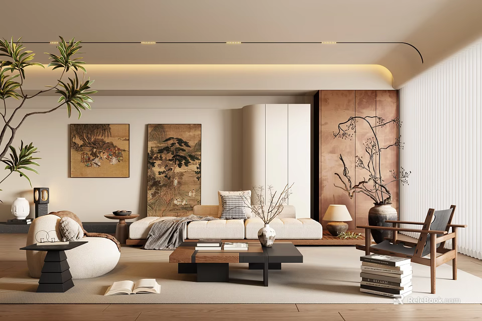 Modern Living Room Interior Design With Sofa Coffee Table Decorative Paintings And Green Plants 3d model 