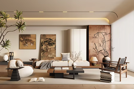 Quiet Living Room Sofa Combination Three-person Sofa Solid Wood Coffee Table Leisure Chair Lazy Sofa Dream Curtain 3d model