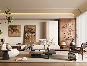 Quiet Living Room Sofa Combination Three-person Sofa Solid Wood Coffee Table Leisure Chair Lazy Sofa Dream Curtain 3d model