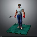 Male Character Wearing White Tank Top Blue Jeans Red Gloves Holding Hammer On Green Mat