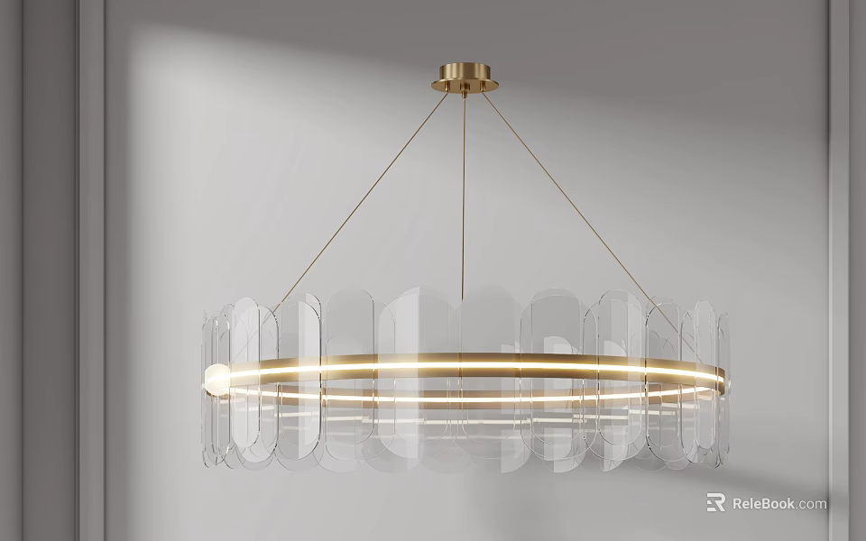 Elegant Modern Chandelier With Gold Frame Transparent Panels And Ring Light 3d model 
