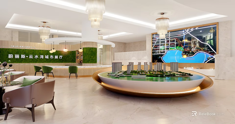 Modern Real Estate Sales Office With Sand Table Model Chandeliers Green Plants And Large Screen 3d model 