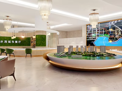 Modern Real Estate Sales Office With Sand Table Model Chandeliers Green Plants And Large Screen 3d model