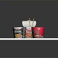 Various Cup Noodles With Open Lid And Spoon On White Platform As Everyday Household Items