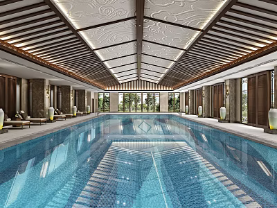 Indoor Swimming Pool Interior With Large Windows Natural Light Elegant Ceiling Design And Lounge Areas 3d model
