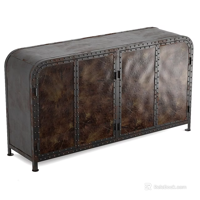 Rustic Dark Brown Sideboard With Leather Surface Metal Rivets And Cabinet Doors 3d model 