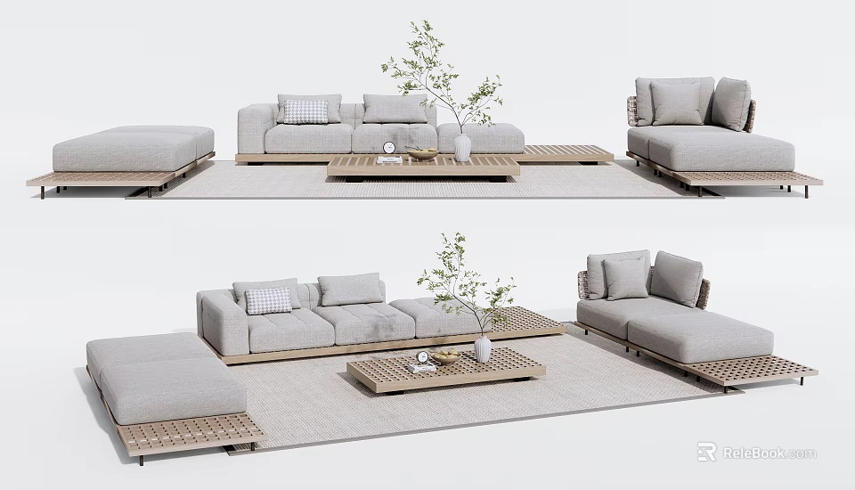 Modern Outdoor Sofa Patio Furniture Set With Coffee Table Ottoman And Plants 3d model 