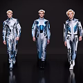 Three Male Models Walking in Shiny Silver Blue Jumpsuits with Blonde Short Hair on Runway