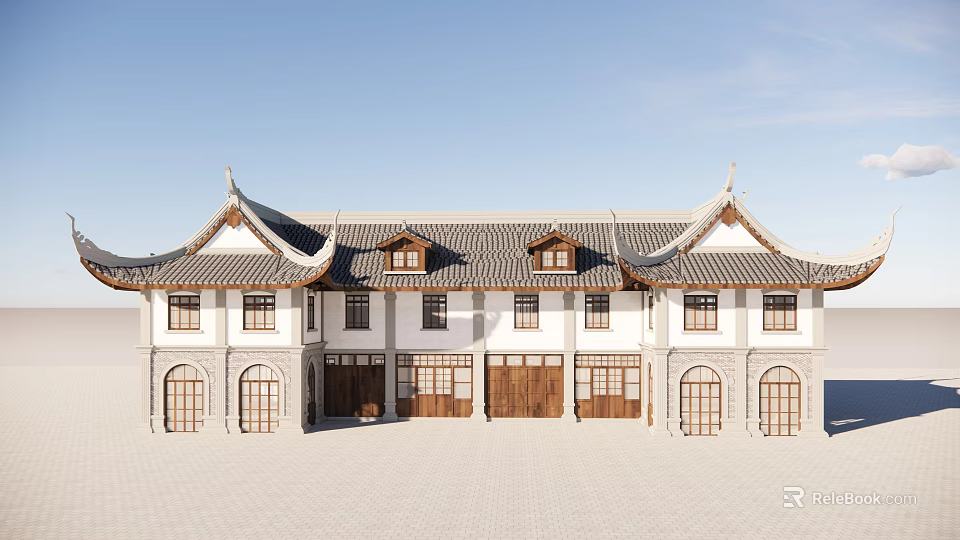 Ancient Chinese Architecture With Traditional Roof Overhanging Eaves And Wooden Windows 3d model 
